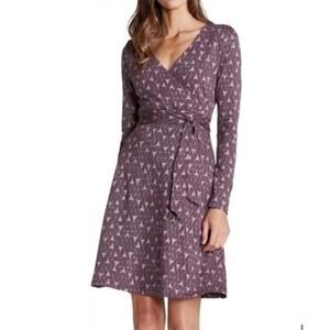Toad & Co Cue Long Sleeve V-Neck Belted Wrap Dress Large Purple Geometric Spring